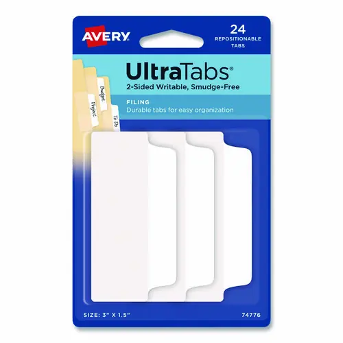 Avery® Ultra Tabs Repositionable Tabs, Wide and Slim, 1/3-Cut, White, 24/Pack