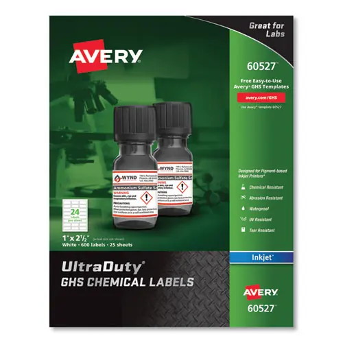 Avery® UltraDuty GHS Chemical Waterproof and UV Resistant Labels, 1 x 2.5, White, 24/Sheet, 25 Sheets/Pack