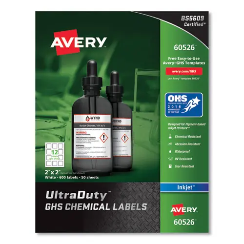 Avery® UltraDuty GHS Chemical Waterproof and UV Resistant Labels, 2 x 2, White, 12/Sheet, 50 Sheets/Pack