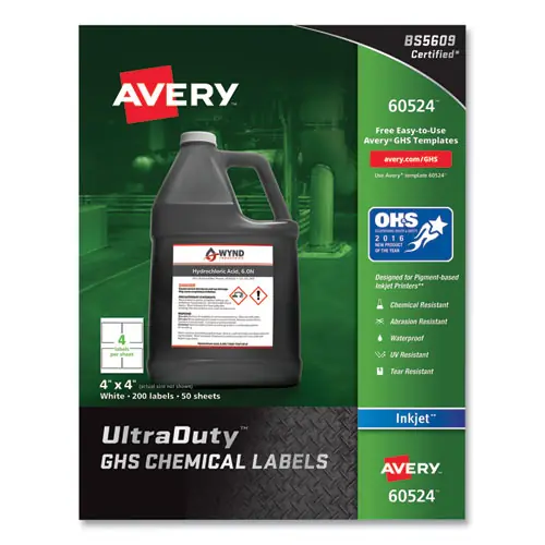Avery® UltraDuty GHS Chemical Waterproof and UV Resistant Labels, 4 x 4, White, 4/Sheet, 50 Sheets/Pack