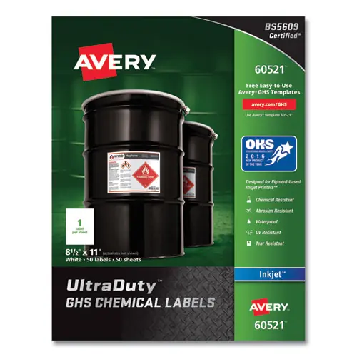 Avery® UltraDuty GHS Chemical Waterproof and UV Resistant Labels, 8.5 x 11, White, 50/Pack