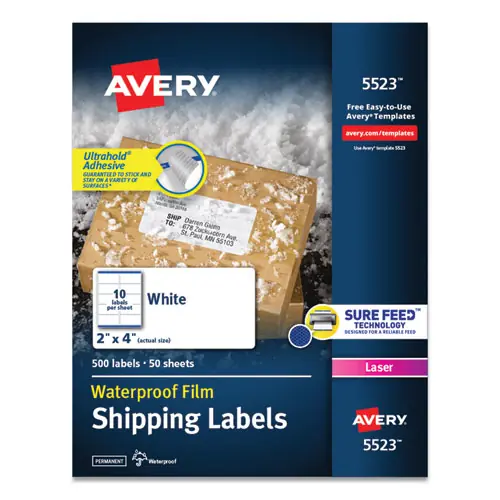 Avery® Waterproof Shipping Labels with TrueBlock and Sure Feed, Laser Printers, 2 x 4, White