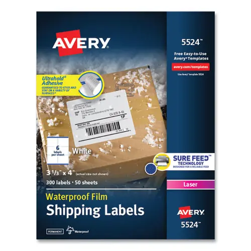 Avery® Waterproof Shipping Labels with TrueBlock and Sure Feed, Laser Printers, 3.33 x 4, White, 6/Sheet, 50 Sheets/Pack