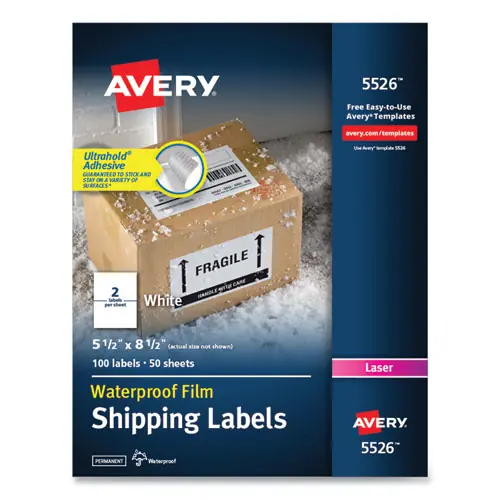 Avery® Waterproof Shipping Labels with TrueBlock Technology, Laser Printers, 5.5 x 8.5, White, 2/Sheet, 50 Sheets/Pack