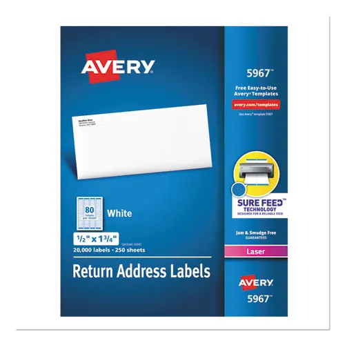 Avery® White Address Labels with Sure Feed Technology for Laser Printers, 0.5 x 1.75, White, 80/Sheet, 250 Sheets/Box