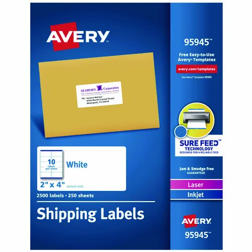 Avery® White Shipping Labels-Bulk Packs, Inkjet/Laser Printers - 2" x 4", 10/Sheet, 250 Sheets/Box