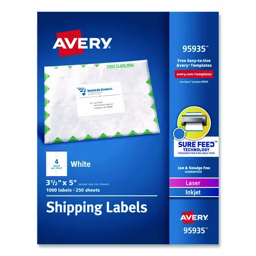 Avery® White Shipping Labels-Bulk Packs, 3.5 x 5, White, 4/Sheet, 250 Sheets/Box, Inkjet/Laser Printers