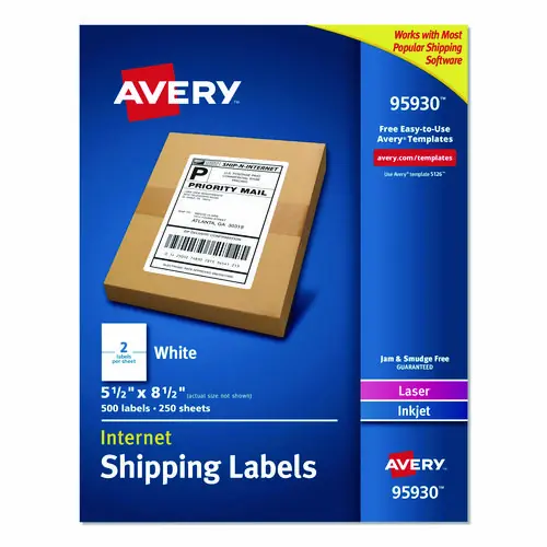 Avery® White Shipping Labels-Bulk Packs, Inkjet/Laser Printers, 5.5 x 8.5, White, 2/Sheet, 250 Sheets/Box