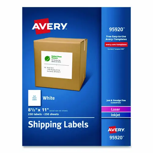 Avery® White Shipping Labels-Bulk Packs, Inkjet/Laser Printers, 8.5 x 11, White, 250/Box