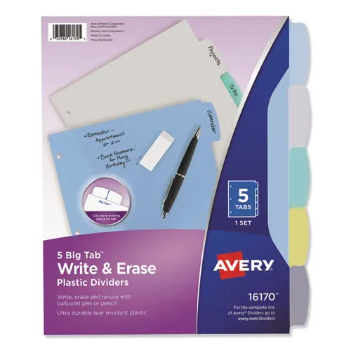 Avery® Write and Erase Big Tab Durable Plastic Dividers, 5-Tab, Assorted Colors, 1 Set
