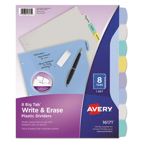 Avery® Write and Erase Big Tab Durable Plastic Dividers, 8-Tab, Assorted Colors, 11 x 8.5, 3-Hole Punched, 1 Set