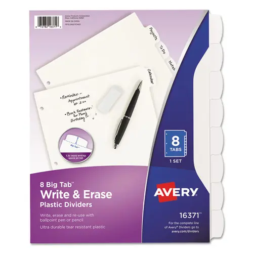Avery® Write & Erase Big Tab Durable Plastic Dividers, 8-Tab, White, 11 x 8.5 Inches, 1 Set