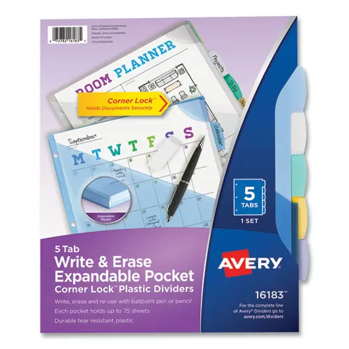Avery® Write and Erase Big Tab Durable Plastic Dividers with Expandable Pocket, 5-Tab, Assorted Colors, 1 Set