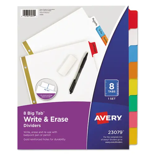 Avery® Write and Erase Big Tab Paper Dividers, 8-Tab, White, Assorted Tabs