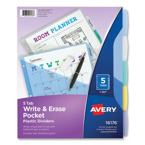 Avery® Write and Erase Durable Plastic Dividers with Slash Pocket, 5-Tab, Assorted Colors, 1 Set