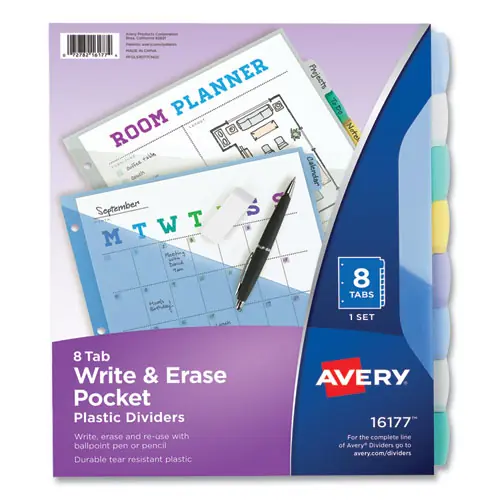 Avery® Write and Erase Durable Plastic Dividers with Slash Pocket, 3-Hole Punched, 8-Tab, Assorted, 1 Set