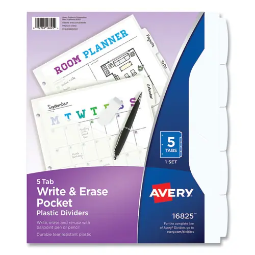 Avery® Write and Erase Durable Plastic Dividers with Straight Pocket, 5-Tab, White