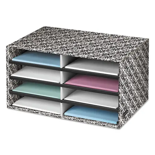 Bankers Box® Decorative Sorter, 8 Letter Compartments - Black/White Brocade