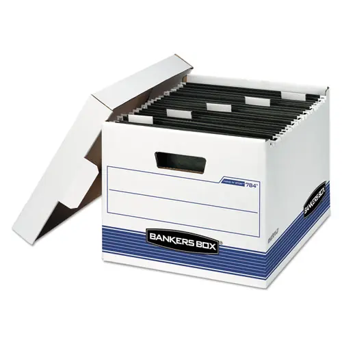 Bankers Box® HANG'N'STOR Medium-Duty Storage Boxes, Letter Files, White/Blue, 4/Carton