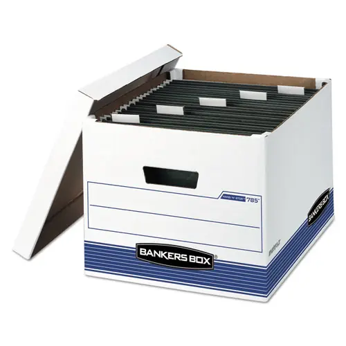 Bankers Box® HANG'N'STOR Medium-Duty Storage Boxes, Letter/Legal Files, White/Blue, 4/Carton