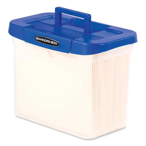 Bankers Box® Heavy-Duty Portable File Box, Letter Files, 14.25" x 8.63" x 11.06", Clear/Blue