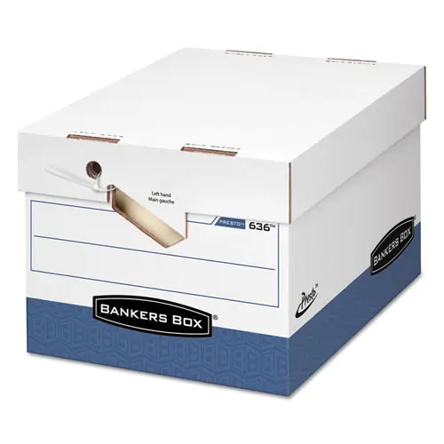 Bankers Box® PRESTO Ergonomic Design Storage Boxes, Letter/Legal Files, White/Blue, 12/Carton