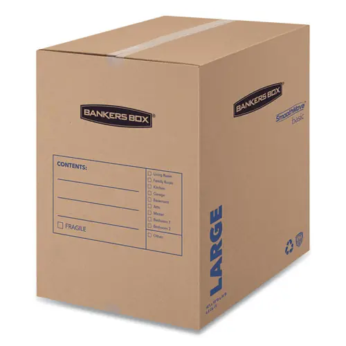 Bankers Box® SmoothMove Basic Moving Boxes, Large, 18" x 18" x 24", Brown/Blue, 15/Carton