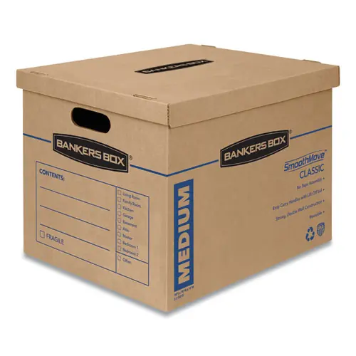 Bankers Box® SmoothMove Classic Moving/Storage Boxes, Half Slotted Container (HSC), Medium, Brown/Blue, 8/Carton