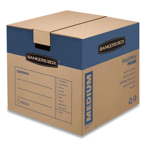 Bankers Box® SmoothMove Prime Moving/Storage Boxes, Hinged Lid, Medium, Brown/Blue, 8/Carton
