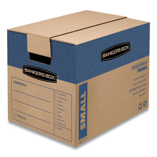 Bankers Box® SmoothMove Prime Moving/Storage Boxes, Hinged Lid, Small, Brown/Blue, 10/Carton