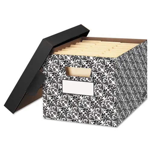 Bankers Box® STOR/FILE Decorative Medium-Duty Storage Box, Letter/Legal, Black/White Brocade Design, 4 Boxes/Carton
