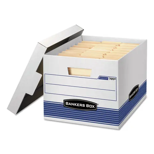 Bankers Box® STOR/FILE Medium-Duty Letter/Legal Storage Boxes, White/Blue, 4/Carton