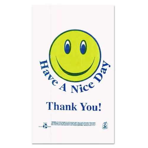 Barnes Paper Company Smiley Face Shopping Bags, Thank You - Have a Nice Day Labeling, Cut-Out Handles, White/Red, 900/Carton