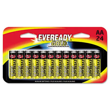 Battery, Gold, Alkaline, AA, 24 Pack