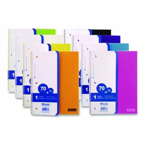 BAZIC® Products Spiral Notebooks, 1-Subject, Wide/Legal Rule, Randomly Assorted Cover Color, 70 Sheets, 10.5 x 8 Inches
