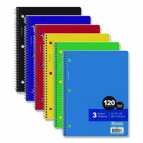 BAZIC® Products Spiral Notebooks, 3-Subject, Medium/College Rule, Randomly Assorted Cover Color, (120) 10.5 x 8 Sheets