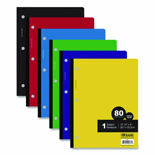 BAZIC® Products Wireless Notebooks, 1-Subject, Medium/College Rule, 80 Sheets, 10.5" x 7.5", Randomly Assorted Cover Color