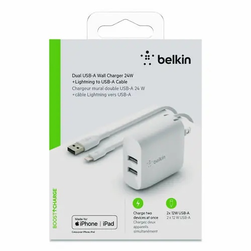 Belkin® BOOST CHARGE Dual USB-A Wall Charger + Lightning to USB-A Cable, White