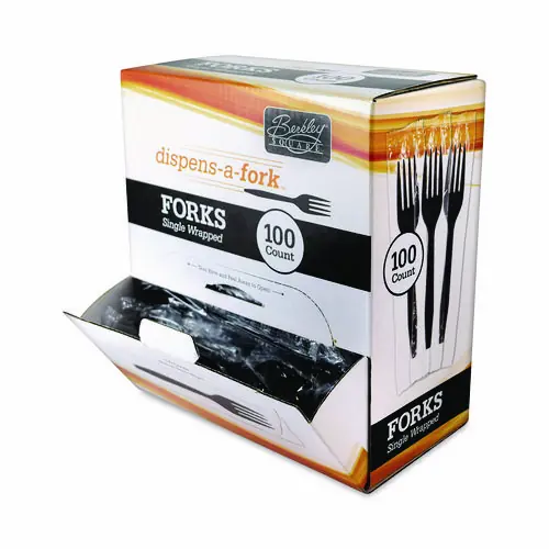 Berkley Square Dispens-a-Fork, Individually Wrapped, Mediumweight Fork, Plastic, Black, 100/Box