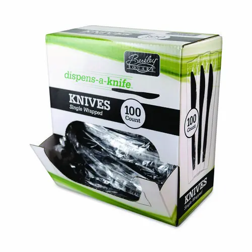 Berkley Square Dispens-a-Knife, Individually Wrapped, Mediumweight Knife, Plastic, Black, 100/Box