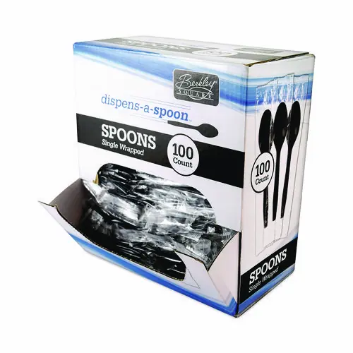 Berkley Square Dispens-a Spoon, Individually Wrapped, Mediumweight Spoon, Plastic, Black, 100/Box