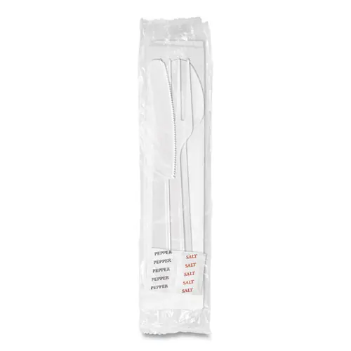 Berkley Square Medium Heavyweight Cutlery Kit, Fork/Knife/Napkin/Pepper/Salt/Spoon, Plastic, White, 250/Carton