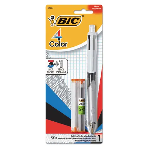 BIC® 4-Color 3 + 1 Ballpoint Pen/Pencil, Retractable, Medium Point, Black/Blue/Red Ink, Gray/White Barrel, 1 mm Pen/0.7 mm Pencil