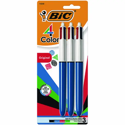 BIC® 4-Color Ballpoint Pen, Retractable, Medium 1 mm, Black/Blue/Green/Red Ink, Assorted Barrels, 3 Pack