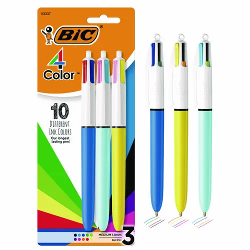 BIC® 4-Color Multi-Color Ballpoint Pen, Retractable, Medium 1 mm, Assorted Ink and Barrel Colors, 3/Pack