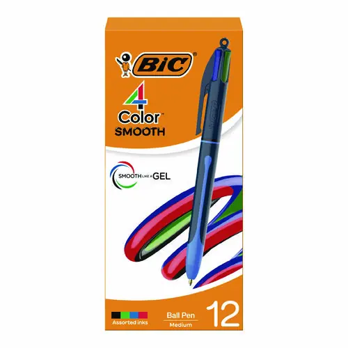 BIC® 4-Color Smooth Multi-Color Ballpoint Pen, Retractable, Medium Point, 1 mm, Black/Blue/Green/Red Ink, Black/Blue Barrel, 12 Pack