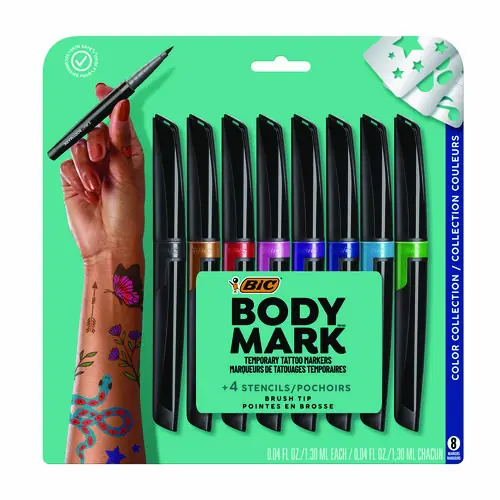 BIC® BodyMark Temporary Tattoo Markers, Fine Brush Tip, Assorted Colors, 8/Pack