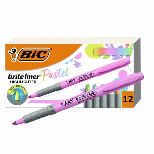 BIC® Brite Liner Grip Pocket Highlighter, Assorted Ink Colors, Chisel Tip, Assorted Barrel Colors, Dozen