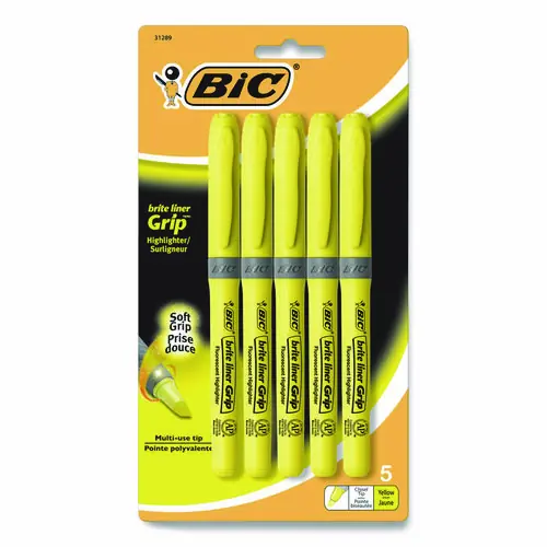 BIC® Brite Liner Grip Pocket Highlighter, Fluorescent Yellow Ink, Chisel Tip, Yellow/Black/Silver Barrel, 5/Pack