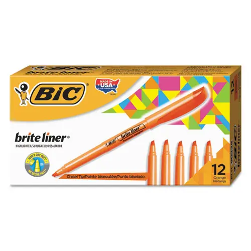 BIC® Brite Liner Highlighter, Fluorescent Orange Ink, Chisel Tip, Orange/Black Barrel, Dozen